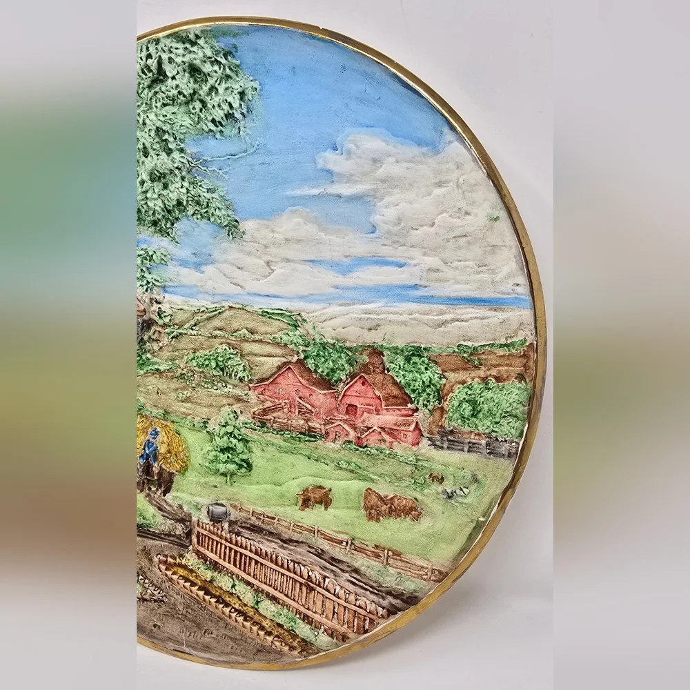 Vtg byron molds plate 1980 raised‎ ceramic pottery wall hanging hand painted